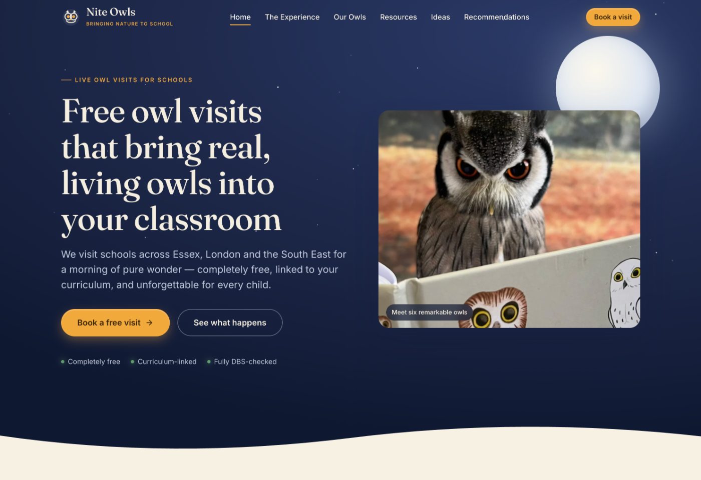 The Night Owls website, live owl visits for schools across Essex